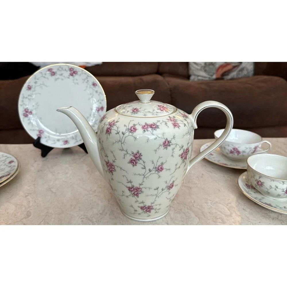 Schumann Rose Coffee Pot, Cups, Saucers and Luncheon Plates Dish Set Vintage